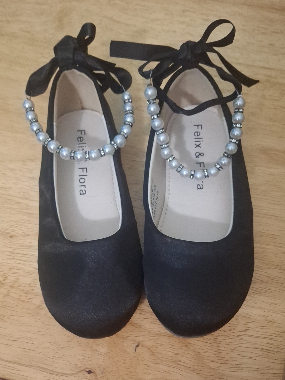 Felix & Flora Girls' Black Pearl-Ankle Ribbon Dress Flats